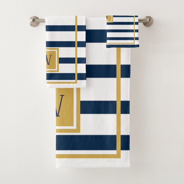 Nautical Navy Stripes Custom Monogram Bath Towel Set (Insitu)