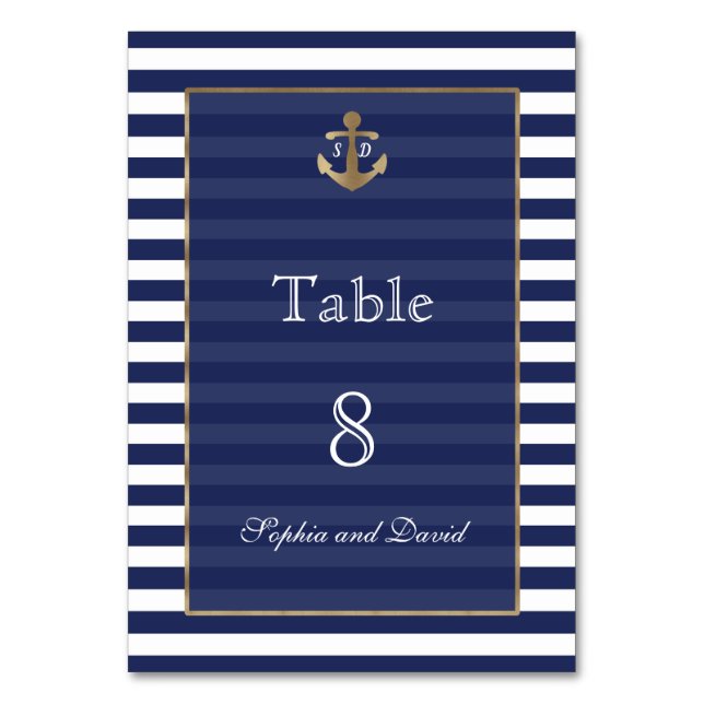 Nautical Navy Stripes Gold WeddingTable Number Table Number (Front)