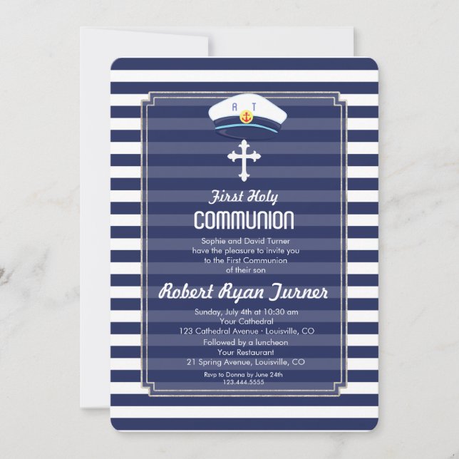 Nautical Navy Stripes Silver First Holy Communion Invitation (Front)