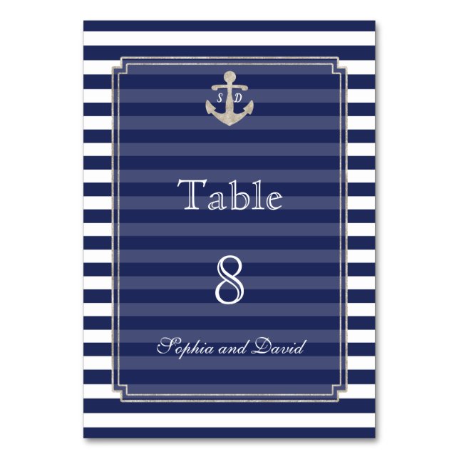 Nautical Navy Stripes Silver WeddingTable Number Table Number (Front)
