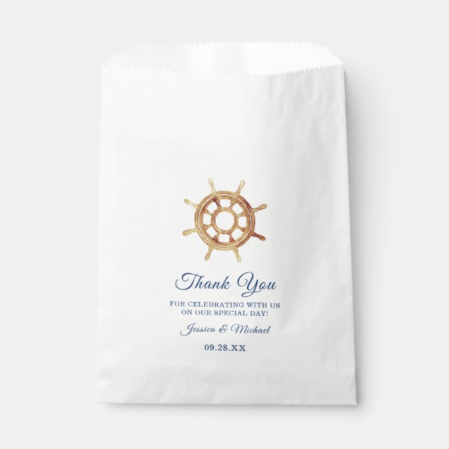 Nautical Navy Stripes Steering Wheel Wedding Favour Bag (Front)