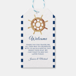 Nautical Navy Stripes Steering Wheel Welcome Gift Tags
