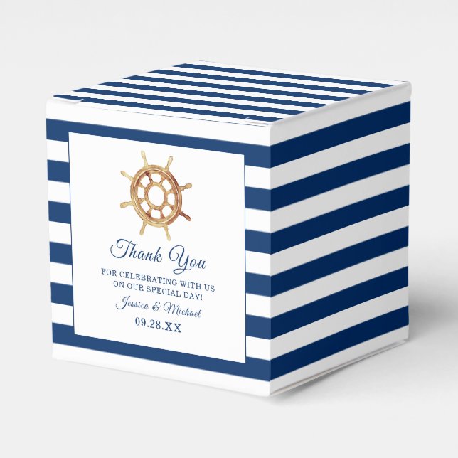 Nautical Navy Stripes Watercolor Steering Wheel Favor Box (Front Side)
