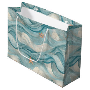 Nautical Navy Teal Waves and Starfish Print Large Gift Bag