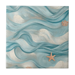 Nautical Navy Teal Waves and Starfish Print Tile