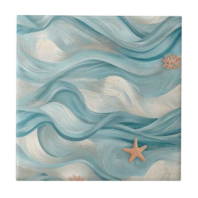 Nautical Navy Teal Waves and Starfish Print Tile (Front)