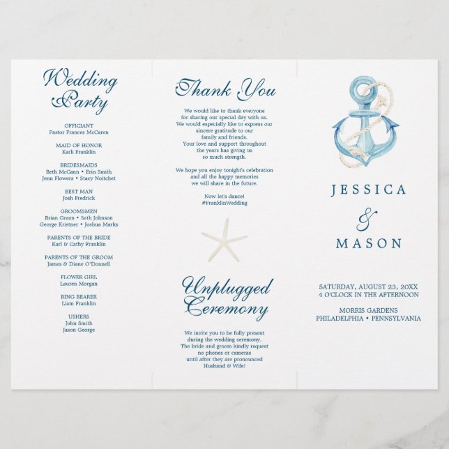 Nautical Navy Tri-Fold Wedding Program (Front)