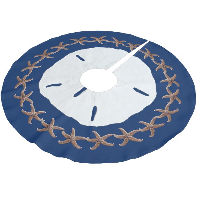 Nautical Navy Tropical Sand Dollar Starfish Brushed Polyester Tree Skirt (Angled)