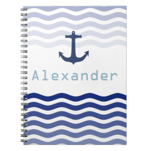 Nautical Navy Waves and Anchor Personalized Name Notebook