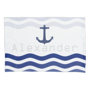 Nautical Navy Waves and Anchor Personalized Name Pillowcase