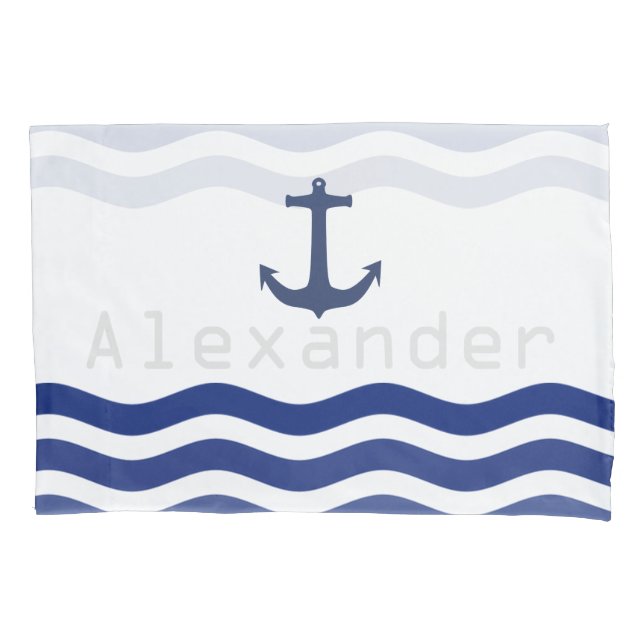 Nautical Navy Waves and Anchor Personalized Name Pillowcase (Front)