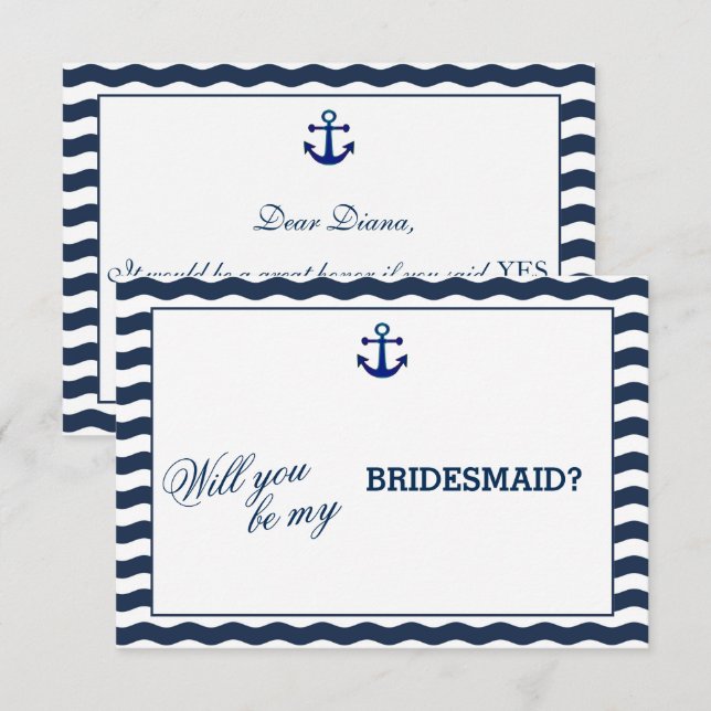 Nautical Navy Waves WILL YOU BE MY BRIDESMAID Invitation (Front/Back)