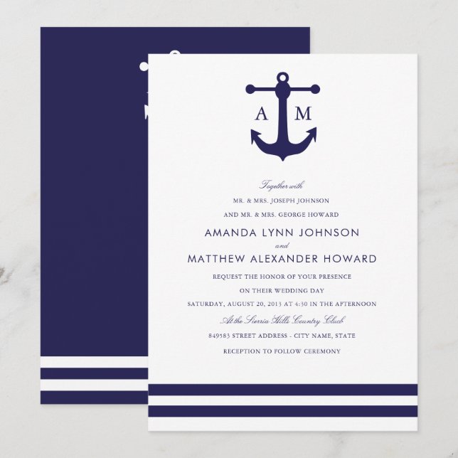 Nautical Navy Wedding Invitation (Front/Back)