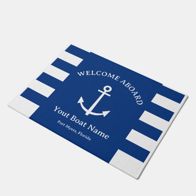 Nautical Navy Welcome Aboard Boat Decor Doormat (Angled)