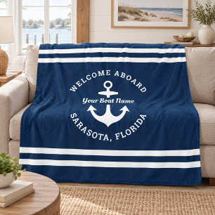 Nautical Navy Welcome Aboard Boat Name Fleece Blanket
