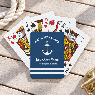 Nautical Navy Welcome Aboard Boat Name Playing Cards