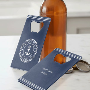 Nautical Navy & White Anchor Boat Name Credit Card Bottle Opener