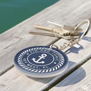 Nautical Navy & White Anchor Boat Name Keychain