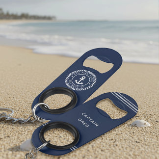 Nautical Navy & White Anchor Boat Name Keychain Bottle Opener