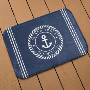 Nautical Navy & White Anchor   Your Boat Name Bath Mat