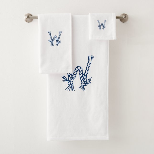 Nautical navy white custom sailing rope monogram bath towel set (Insitu)