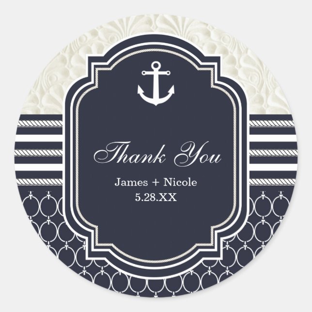 Nautical Navy & White Elegant Beach Wedding Classic Round Sticker (Front)