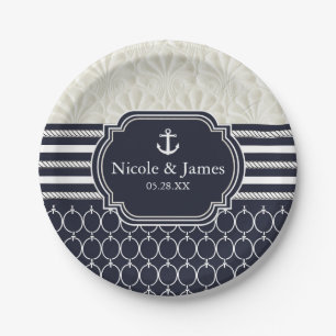 Nautical Navy & White Elegant Beach Wedding Paper Plate