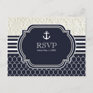 Nautical Navy & White Elegant Beach Wedding RSVP Invitation Postcard