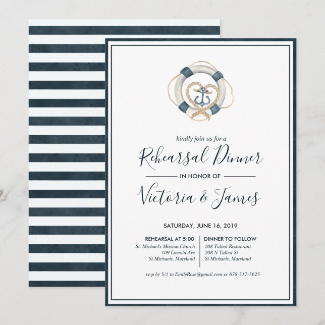 Nautical Navy & White Rehearsal Dinner Invitation (Front/Back)