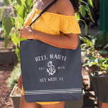 Nautical Navy & White Rustic Anchor Boat Name Tote Bag<br><div class="desc">Tote your gear to the marina with this awesome custom tote bag that you can easily customize with your boat name! Nautical design features a rich, deep navy blue background with your boat's name, year established, and ship's registry in rustic white lettering with an anchor illustration. Rope stripe detailing along...</div>