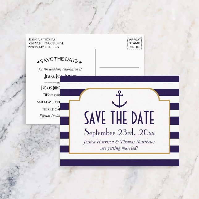 Nautical Navy & White Stripe Anchor Save The Date Announcement Postcard (Creator Uploaded)