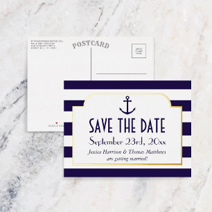 Nautical Navy & White Stripe Anchor Save The Date Foil Invitation Postcard