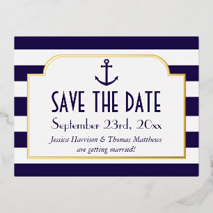 Nautical Navy & White Stripe Anchor Save The Date Foil Invitation Postcard