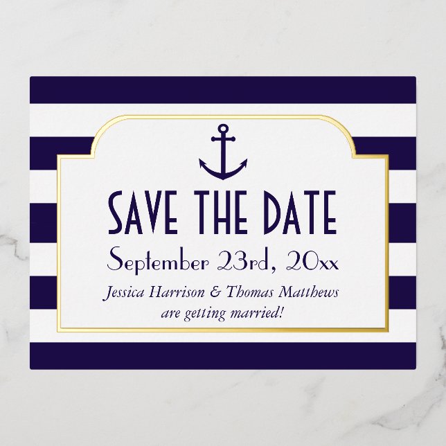 Nautical Navy & White Stripe Anchor Save The Date Foil Invitation Postcard (Front)