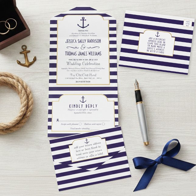 Nautical Navy & White Stripe Anchor Wedding All In One Invitation (Creator Uploaded)