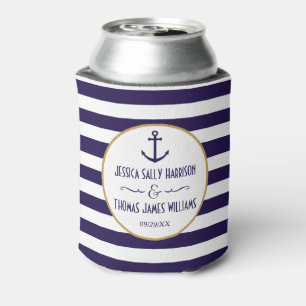 Nautical Navy & White Stripe Anchor Wedding Can Cooler
