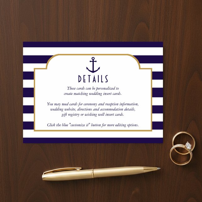 Nautical Navy & White Stripe Anchor Wedding Detail Enclosure Card (Creator Uploaded)