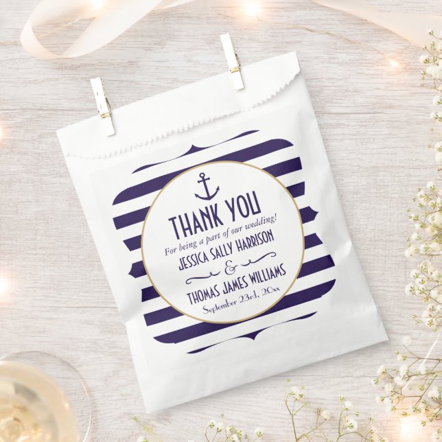 Nautical Navy & White Stripe Anchor Wedding Favour Bag (Clipped)
