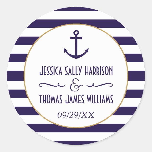 Nautical Navy & White Stripe Anchor Wedding Favour Classic Round Sticker (Front)