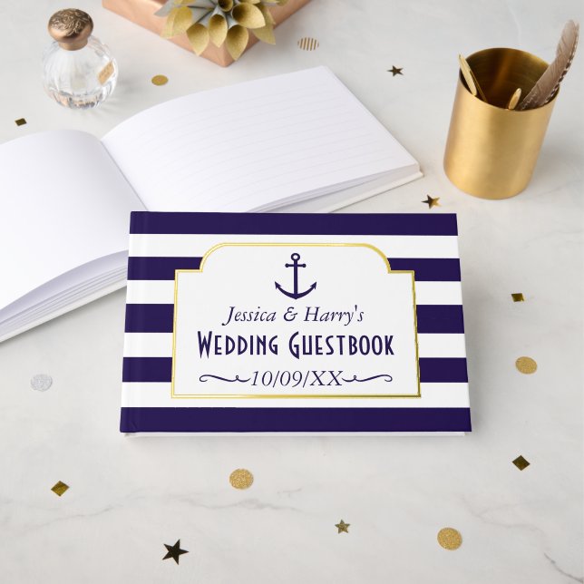 Nautical Navy & White Stripe Anchor Wedding Guest Book (Front Open)