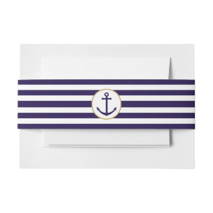 Nautical Navy & White Stripe Anchor Wedding Invitation Belly Band