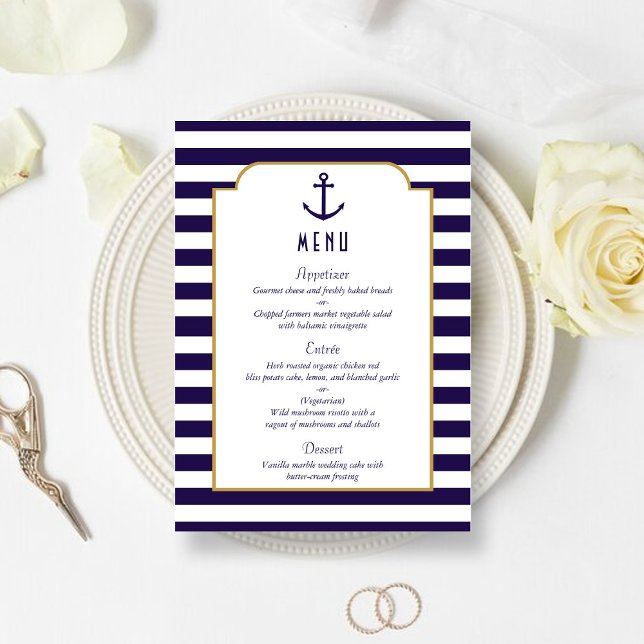Nautical Navy & White Stripe Anchor Wedding Menu (Creator Uploaded)