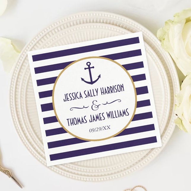 Nautical Navy & White Stripe Anchor Wedding Napkin (Creator Uploaded)