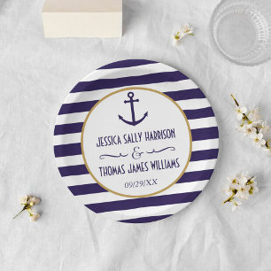 Nautical Navy & White Stripe Anchor Wedding Paper Plate