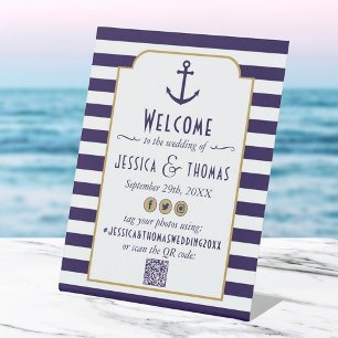 Nautical Navy & White Stripe Anchor Wedding Pedestal Sign
