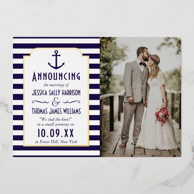 Nautical Navy & White Stripe Anchor Wedding Photo (Front)