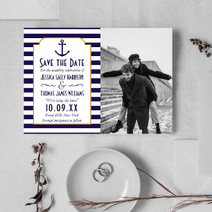 Nautical Navy & White Stripe Anchor Wedding Photo Save The Date