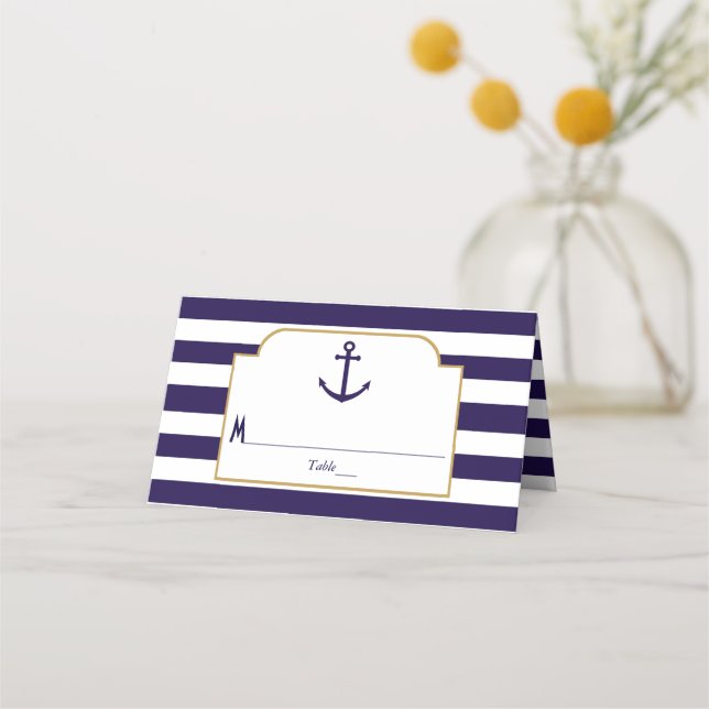 Nautical Navy & White Stripe Anchor Wedding Place Card (Front)