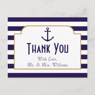 Nautical Navy & White Stripe Anchor Wedding Postcard