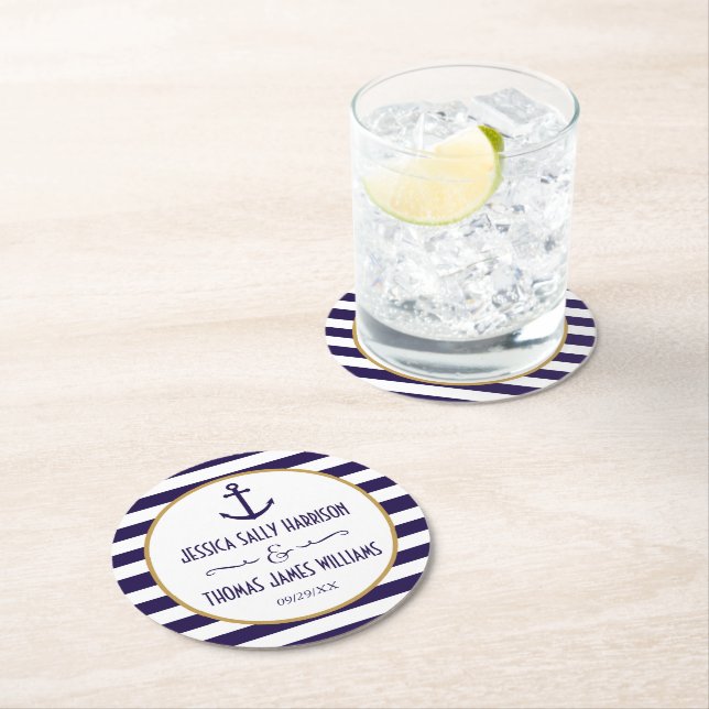 Nautical Navy & White Stripe Anchor Wedding Round Paper Coaster (Insitu)